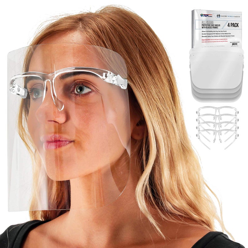 TCP Global Salon World Safety Face Shields with All Clear Glasses Frames (Pack of 4) - Ultra Clear Protective Full Face Shields to Protect Eyes  Nose  Mouth - Anti-Fog PET Plastic  Goggles - Image 1